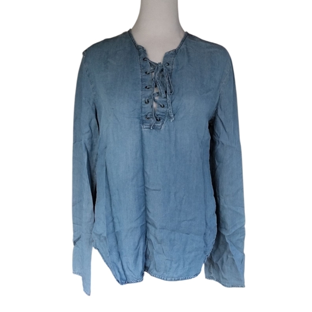Thread & Supply Lace Up Chambray Long Sleeve Blouse Top‎ Size Small
